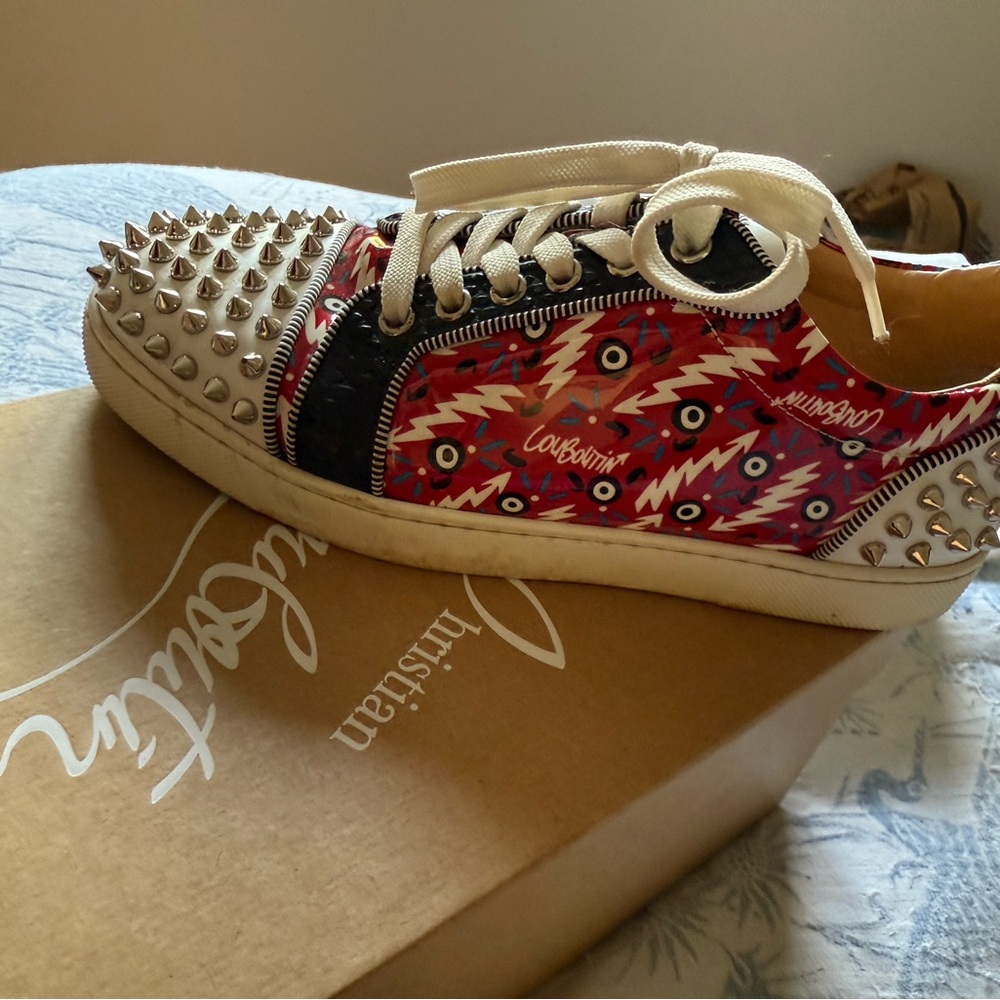 Christian Louboutin Red and Black Spiked Sneakers